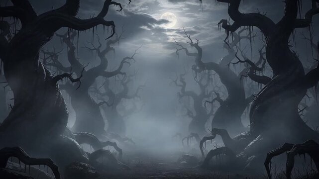 Spooky dark forest with twisted trees under full moon and eerie fog at night