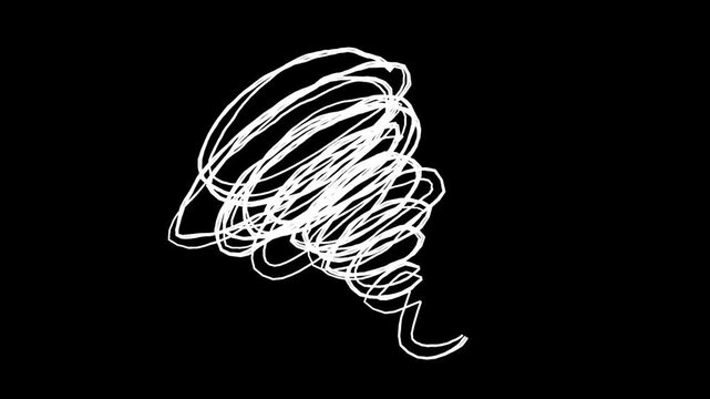 もやもやの落書き線画イラスト。線が動く手描きのアイコン動画。ループする4Kアニメーション。黒背景に白いペンでフリーハンドで描いた絵のデコレーションスタンプ