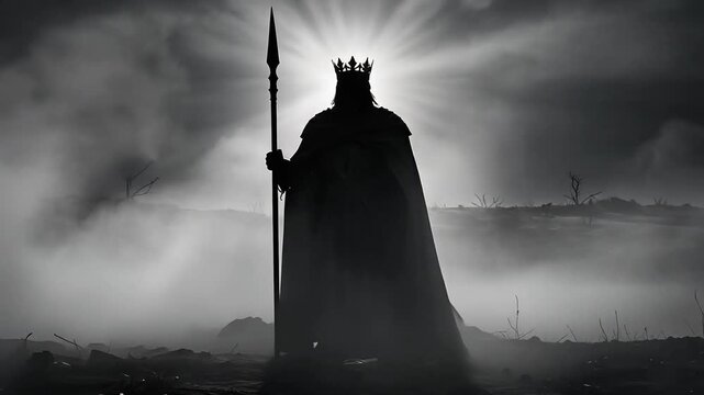 Silhouette of a dark king with crown and spear in dramatic foggy landscape with glowing light