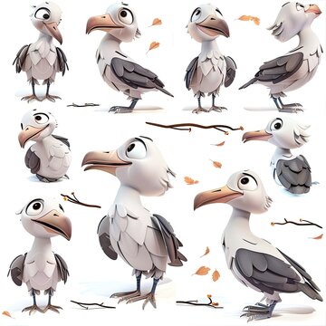 Cute cartoon albatross birds set in multiple poses and expressions on white background