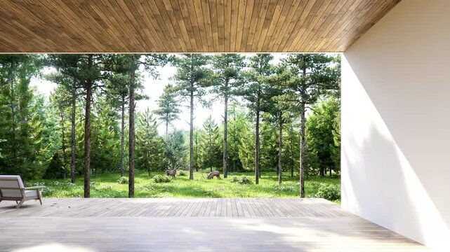 Animation of modern empty wooden terrace with a lounge chair and a panoramic pine forest view in bright daylight. Elegant architectural space with natural sun shadows. 3d render.