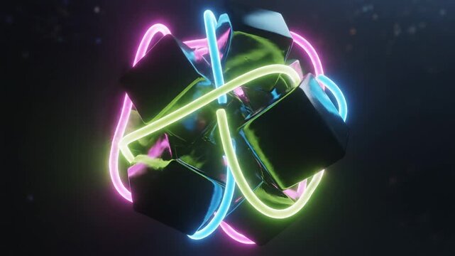 Neon Lights Surrounding Rotating Black Cube.