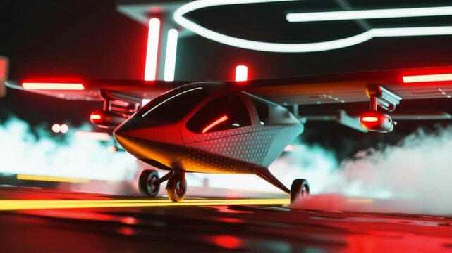 Futuristic electric vertical takeoff and landing planes on a lit runway with neon lights and fog.