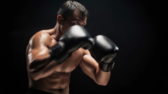 Muscular male boxer training with black gloves in dark gym for fitness and strength