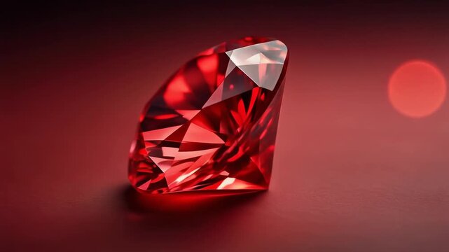 Close-up of a sparkling red ruby gemstone with brilliant facets on a smooth surface