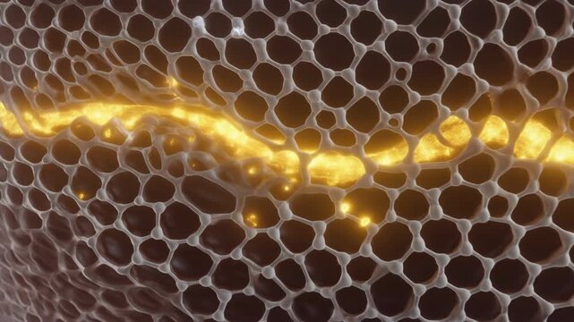 Dynamic close-up view of a glowing honeycomb pattern with yellow light, hexagonal cells, depth, texture, warmth and energy