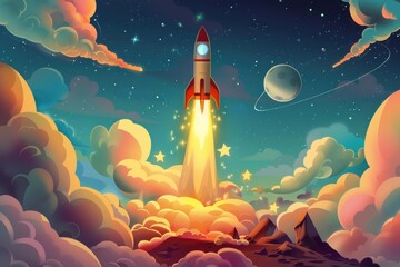 Naklejka premium Cartoon spaceship takes off from rocky planet to starry sky, planets and clouds