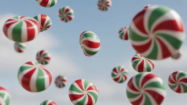 Colorful red green and white peppermint candy balls floating in the air with a soft sky background
