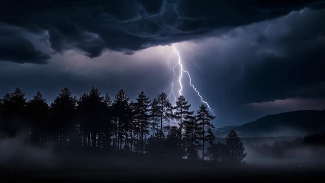 Dramatic lightning storm over dark forest trees with cloudy sky and mist at night