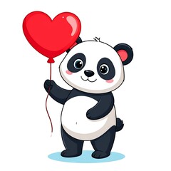 Obraz premium Adorable illustration of a cartoon panda cub holding a red heart-shaped balloon, isolated on white background