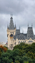 Fototapeta premium Neo-Gothic Palace of Culture, Iași, Romania, under a cloudy sky. The intricate clock tower and rooftops rise above autumn trees and city buildings.