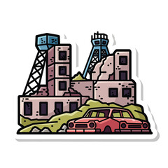 Naklejka premium Abandoned industrial site with old mining equipment and a vintage car illustration in a cartoon style