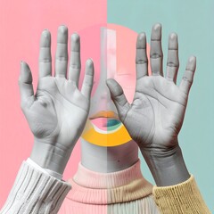 Abstract collage w/ hands, face, geometric shapes, pastel colors & muted tones