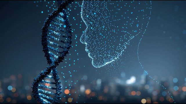Dna double helix digital face artificial intelligence future technology biotechnology genetic data medical research innovation science blue particle silhouette human genetics digital health city