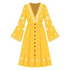 Yellow midi dress with floral details, buttons, & bell sleeves