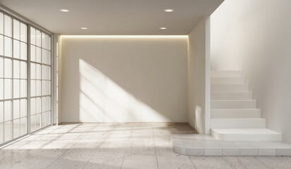 Modern Minimalist Interior with White Staircase and Natural Sunlight Shadows