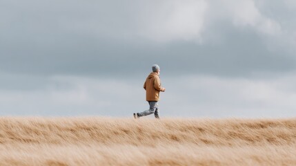 Obraz premium Happy mature man running on hill under cloudy sky