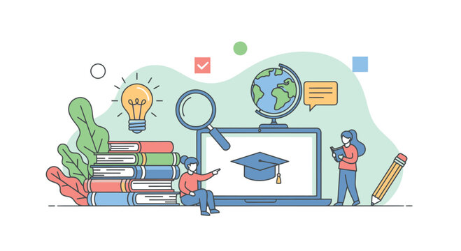 Educational learning online with books globe and graduation cap