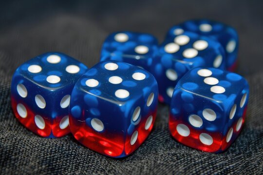Six translucent red and blue dice are laying on a dark blue textured surface