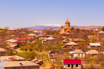 Fototapeta premium Akhaltsikhe, Georgia aerial view with the church