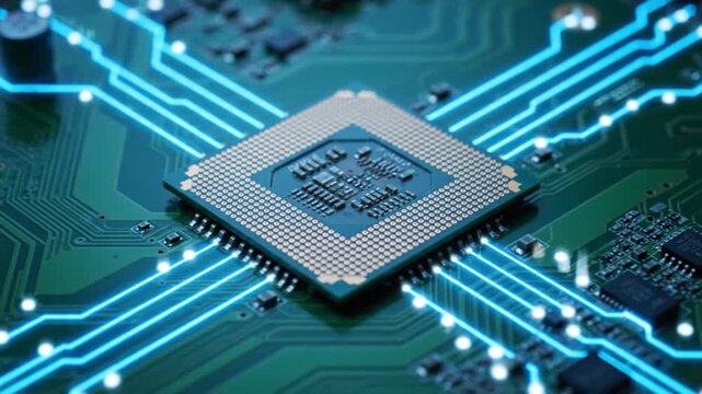 Central Processing Unit in futuristic neon lighting on green circuit board with blue pathways for technology background