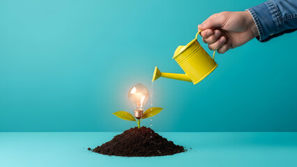 Hand watering small plant with light bulb idea nurturing innovation and symbolizing creative growth and learning