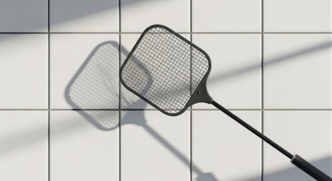 A flyswatter casts a shadow on a white tiled surface, evoking a sense of cleanliness and pest