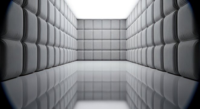 Abstract padded cell illusion, reflective surface creating a sense of depth and confinement within