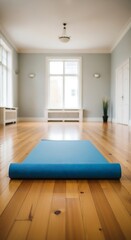 Blue Yoga Mat in Empty Room.