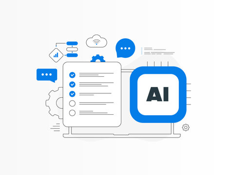 Artificial intelligence platform dashboard, AI automation workflow with checklist and chatbot interface, cloud based SaaS technology for business productivity, modern flat UI vector illustration