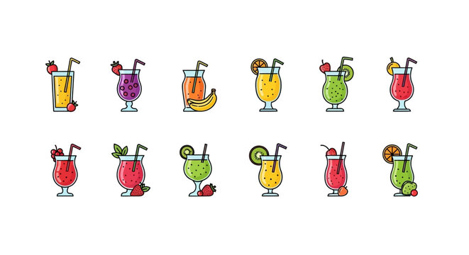 Illustrated lineup of assorted fruity beverages with diverse garnishes and straws, design