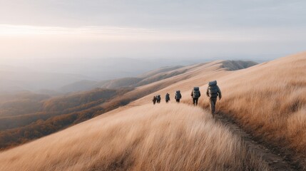 Obraz premium Group of happy hikers trekking in golden hour light