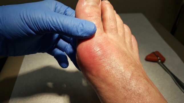 Doctor examining red inflamed big toe joint for gout