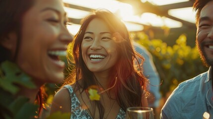 Naklejka premium Joyful friends laughing outdoors, sun-drenched in a vineyard at golden hour