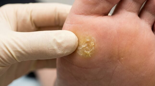 Close up of a yellow callus on the ball of a foot