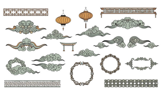 Asian vintage ornamental frame and lantern vector collection