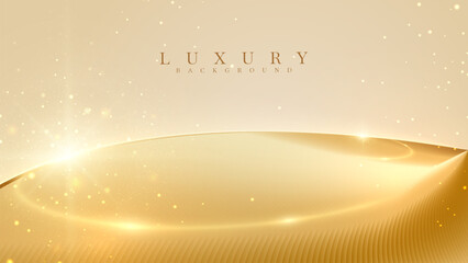 Obraz premium Luxury gold background with glowing golden curved lines and star sparkling light effect elements.