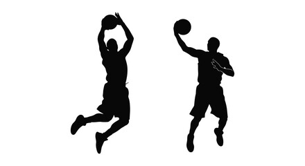 Two basketball players in dynamic poses one shooting and one rebounding depicted as a black silhouette on transparent background high quality © rabbivay