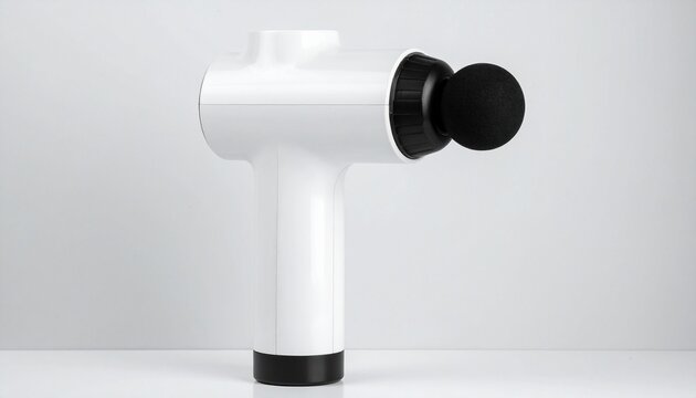 Handheld massage gun with sleek metallic silver body, black accents, round black massage head, T-shaped design with vertical handle and horizontal motor housing, small circular button on handle, thin 