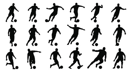 A collection of dynamic soccer player silhouettes in various poses ideal for sports graphics on transparent background silhouette high quality professional