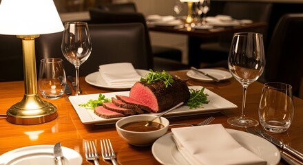 Fototapeta premium Elegant dinner table setting with roasted meat and sauce