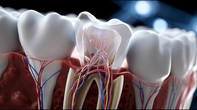 Tooth anatomy dental nerve tooth root dental pulp enamel dentin gum closeup 3d rendering medical illustration cross section view tooth dental anatomy nerve blood vessel pulp root canal gum enamel