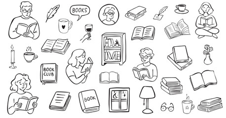 Book Lover Doodle Set &ndash; Reading Line Art Icons Collection, Book Club and Cozy Library Illustrations