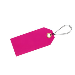 A bright pink tag with a white string attached to it on a white background isolated on transparent background