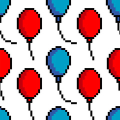 Seamless pattern with red and blue balloon pixel art on white background
