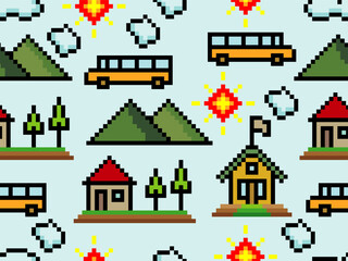 Seamless pattern with pixel art of school bus, house, school building, mountain, sun and clouds.