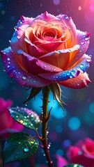A pink rose with dew droplets on its petals against a colorful background