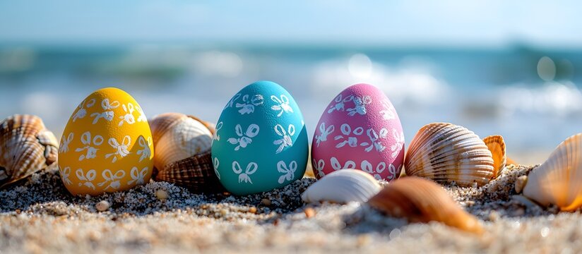 colorful easter eggs on the beach in easter holidays