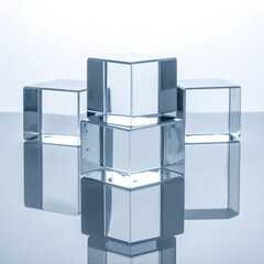 Stacked clear cubes on a reflective surface, bright light, clean
