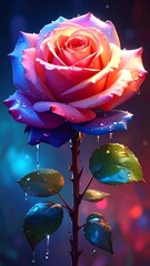 A pink rose with water droplets on its petals and leaves (1)